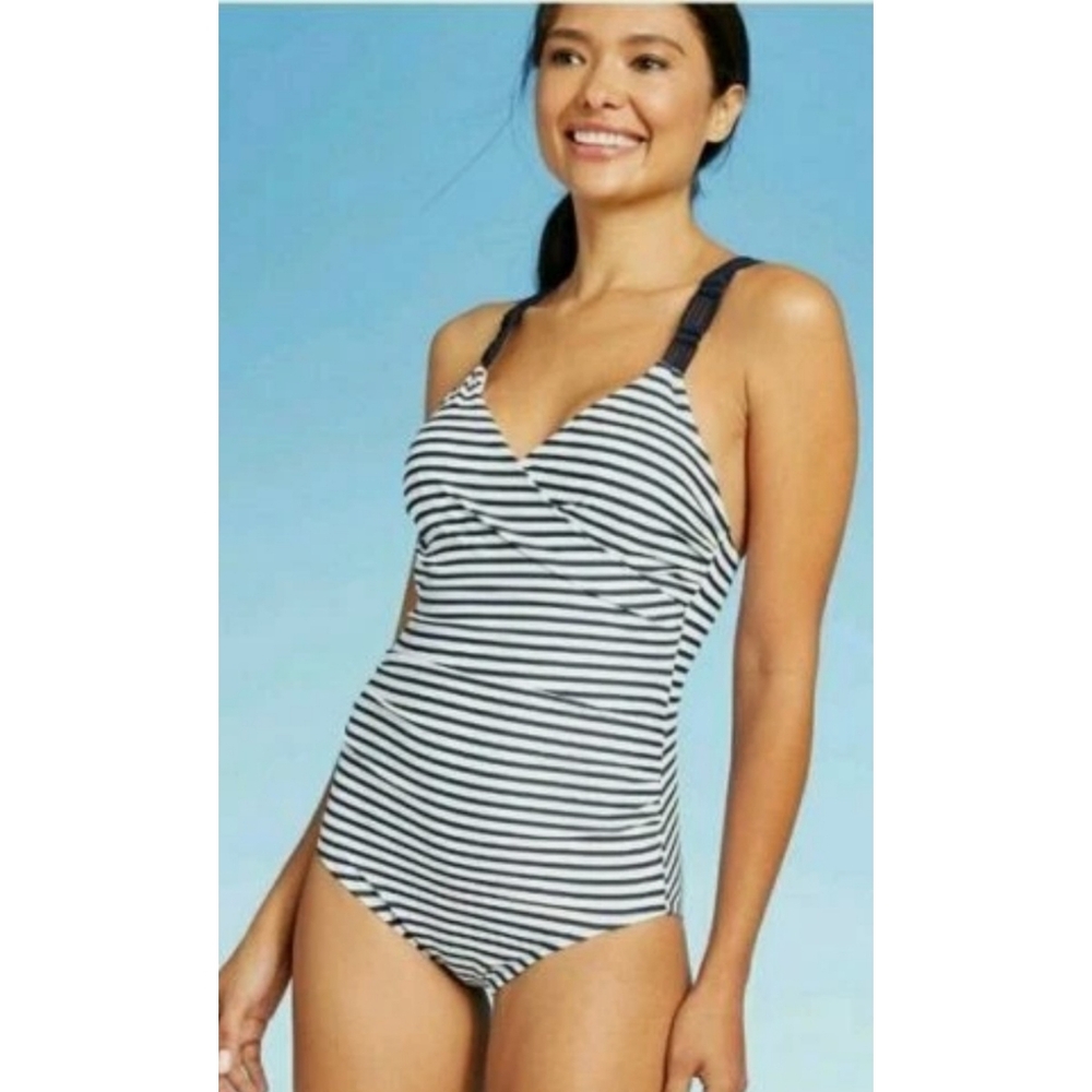Kona Sol Shirred Macrame Strap One Piece Striped Swimsuit Navy & White Size M